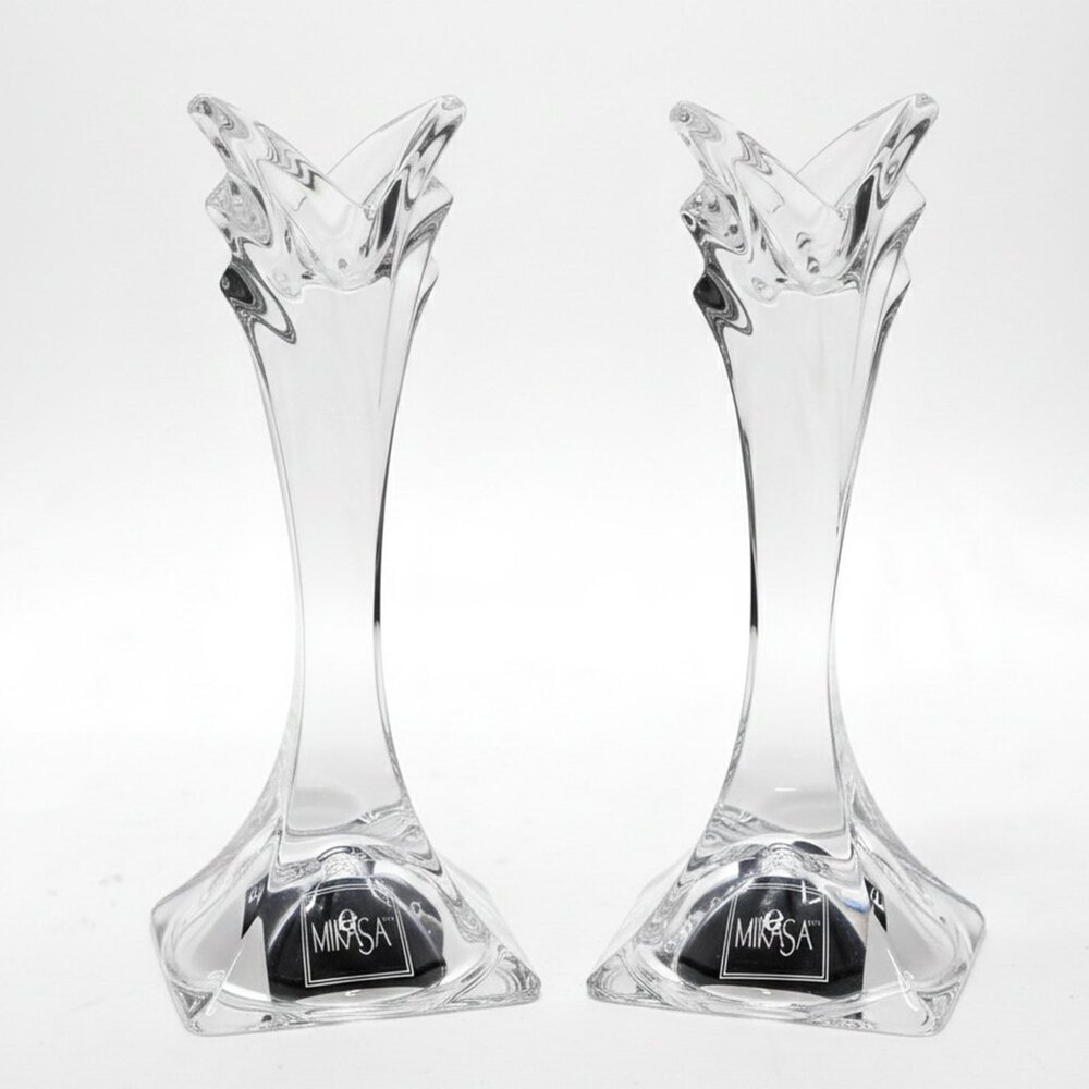 NIB Mikasa Deco Crystal Candlestick Holders Set of 2 Modern Glass 5.5"